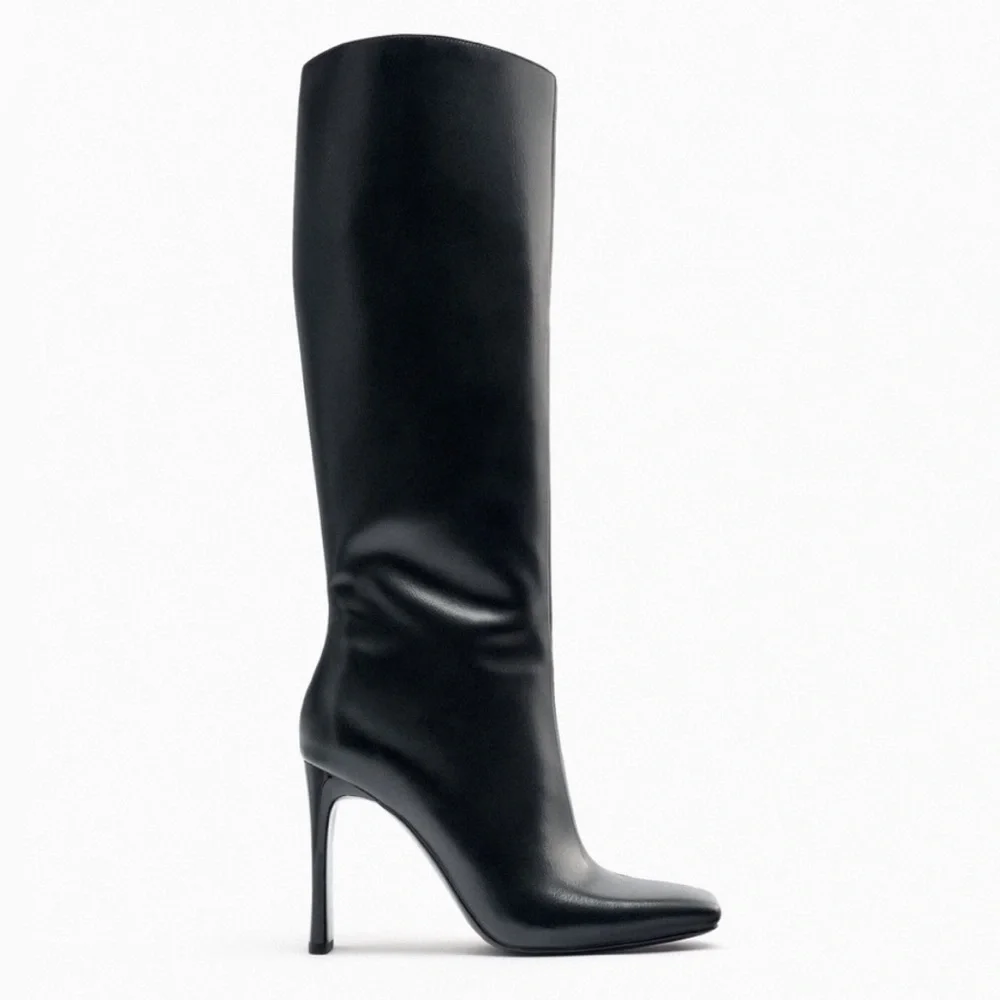 Zara NWOT Black square toe knee high boots premium faux leather heeled boots - Picture 6 of 15